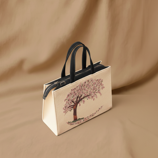 Handbag with cherry blossom design on a beige background