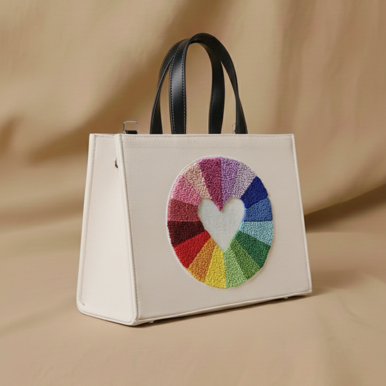Beige handbag with a colorful heart design on a beige background