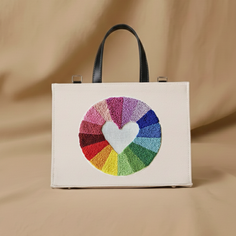 Tote bag with a colorful heart design on a beige background