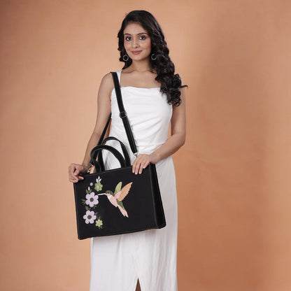 Black Structured Fabric Handbag, Purple Floral & Hummingbird Handmade, Casual Summer Tote Handcrafted Personalized Elegance, Your Way