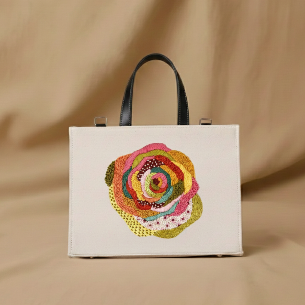 Rose Hand-Stitched Multi-Color Floral Tapestry Handbag, Handcrafted Personalizes Elegance,Your Way