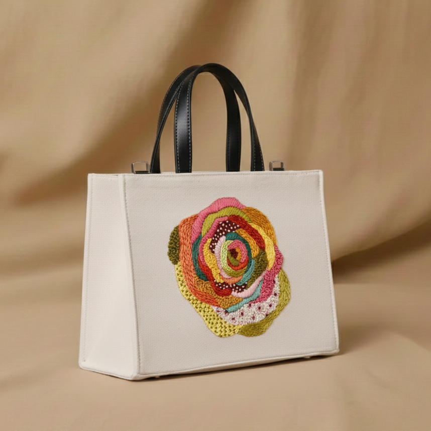 Rose Hand-Stitched Multi-Color Floral Tapestry Handbag, Handcrafted Personalizes Elegance,Your Way