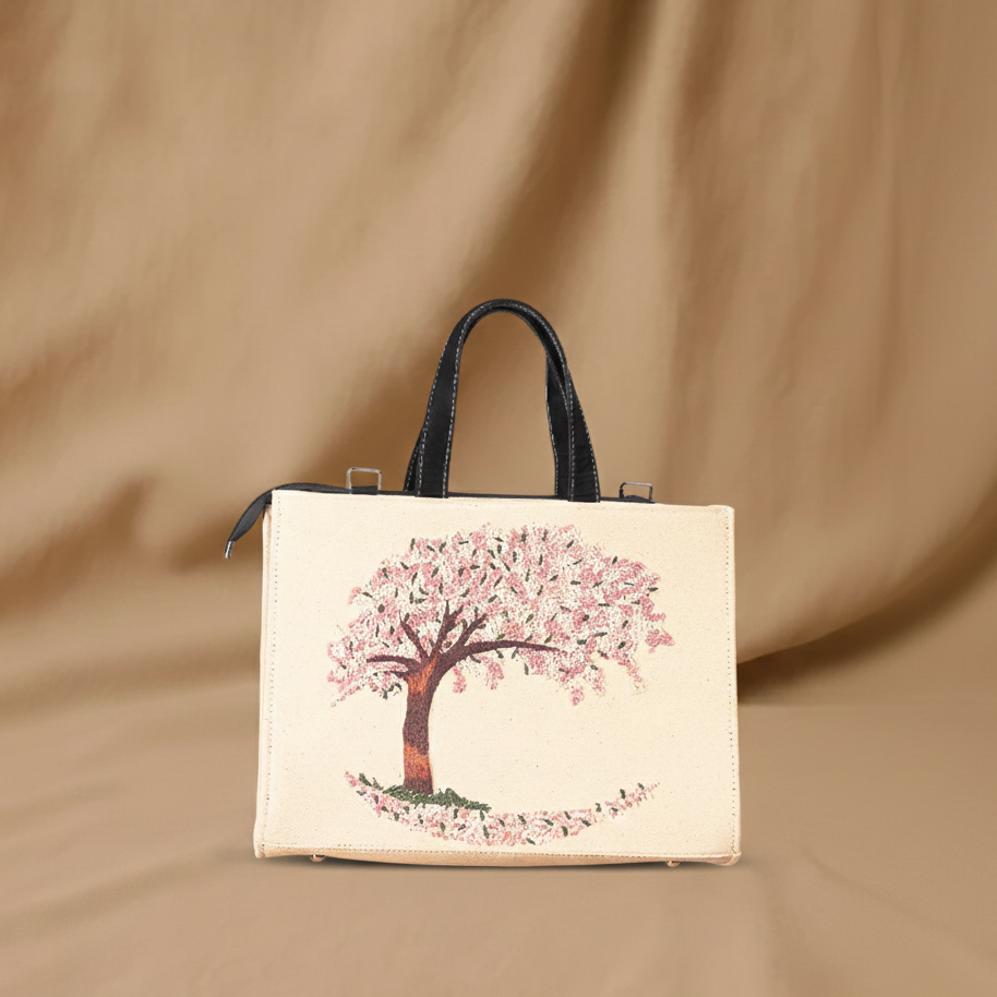 Handbag with a cherry blossom tree design on a beige background
