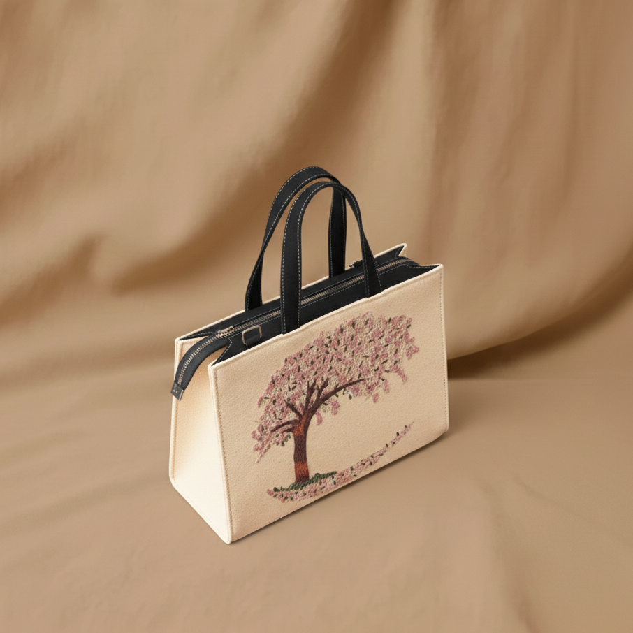 Handbag with cherry blossom design on a beige background