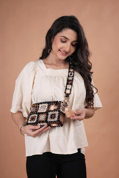 Handmade Crystal Beaded Crossbody Bag - Retro Granny Square Design - Neutral Black, Cream & Brown Woven Shoulder Purse with Matching Strap