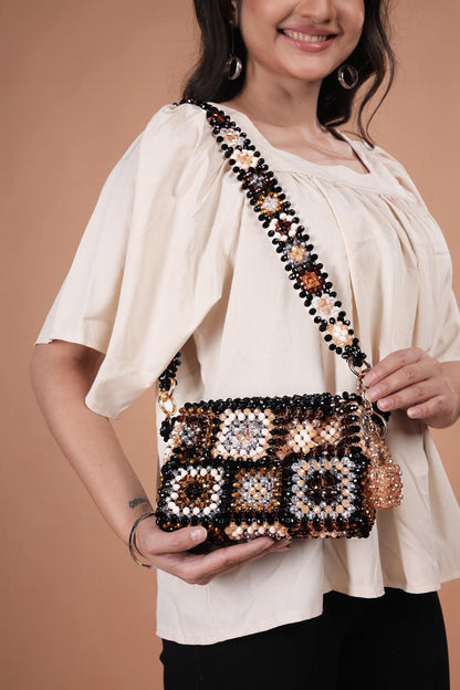 Handmade Crystal Beaded Crossbody Bag - Retro Granny Square Design - Neutral Black, Cream & Brown Woven Shoulder Purse with Matching Strap