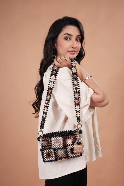 Handmade Crystal Beaded Crossbody Bag - Retro Granny Square Design - Neutral Black, Cream & Brown Woven Shoulder Purse with Matching Strap