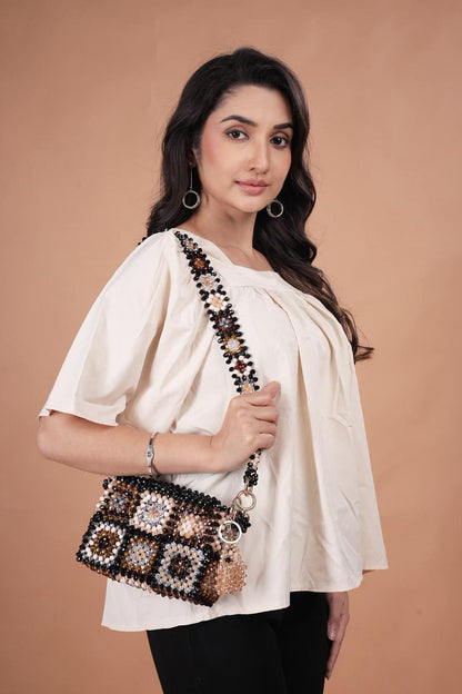 Handmade Crystal Beaded Crossbody Bag - Retro Granny Square Design - Neutral Black, Cream & Brown Woven Shoulder Purse with Matching Strap