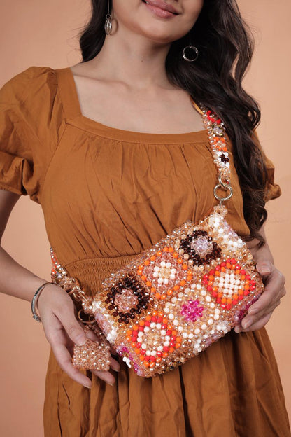 Handmade Multi-Color Beaded Crossbody Bag - Boho Granny Square Purse with Peach, Orange, and Pink Accents - Beaded Shoulder Bag for Summer & Festivals
