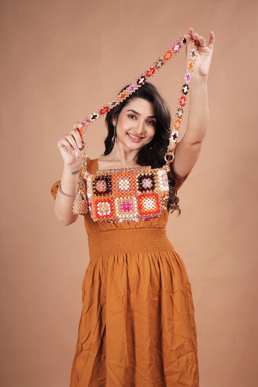 Handmade Multi-Color Beaded Crossbody Bag - Boho Granny Square Purse with Peach, Orange, and Pink Accents - Beaded Shoulder Bag for Summer & Festivals