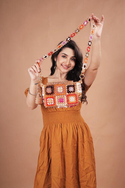 Handmade Multi-Color Beaded Crossbody Bag - Boho Granny Square Purse with Peach, Orange, and Pink Accents - Beaded Shoulder Bag for Summer & Festivals