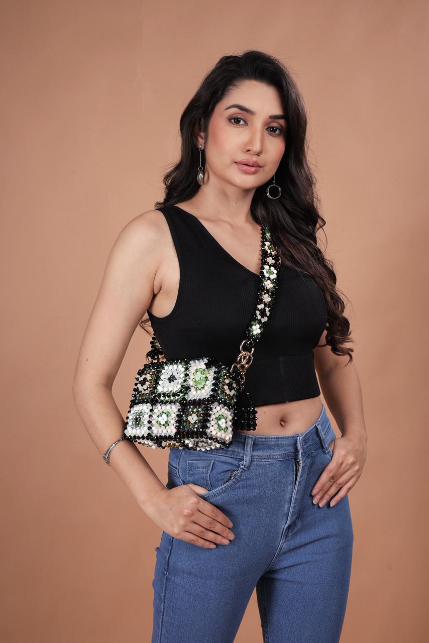 The Vintage Revival Beaded Tote: Artisan Hand-Woven Granny Square Crossbody Bag in Earth Tones