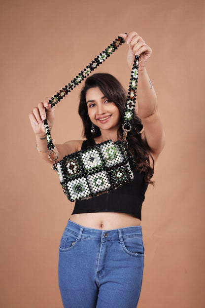 The Vintage Revival Beaded Tote: Artisan Hand-Woven Granny Square Crossbody Bag in Earth Tones