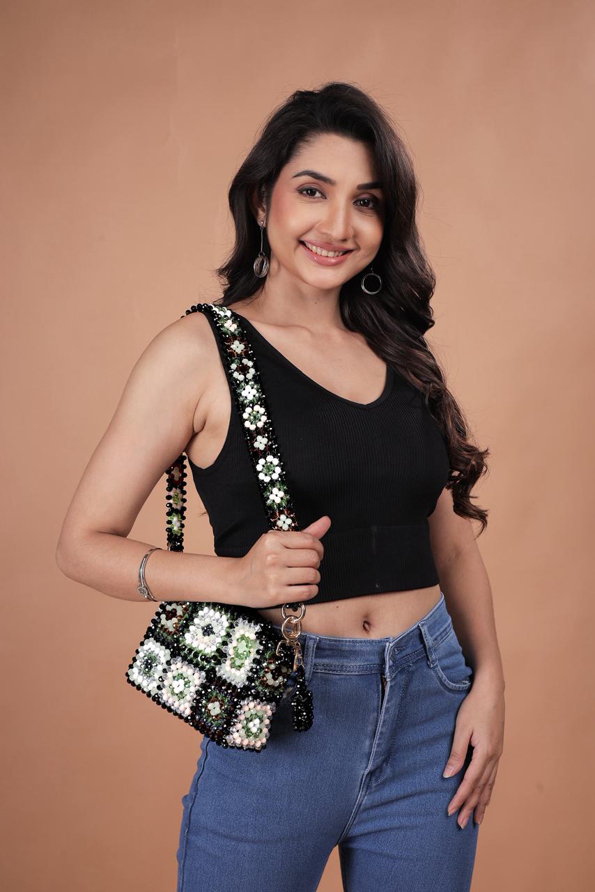 The Vintage Revival Beaded Tote: Artisan Hand-Woven Granny Square Crossbody Bag in Earth Tones