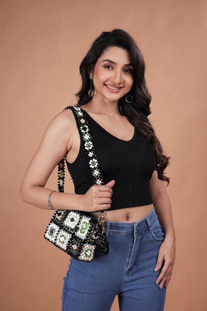 The Vintage Revival Beaded Tote: Artisan Hand-Woven Granny Square Crossbody Bag in Earth Tones