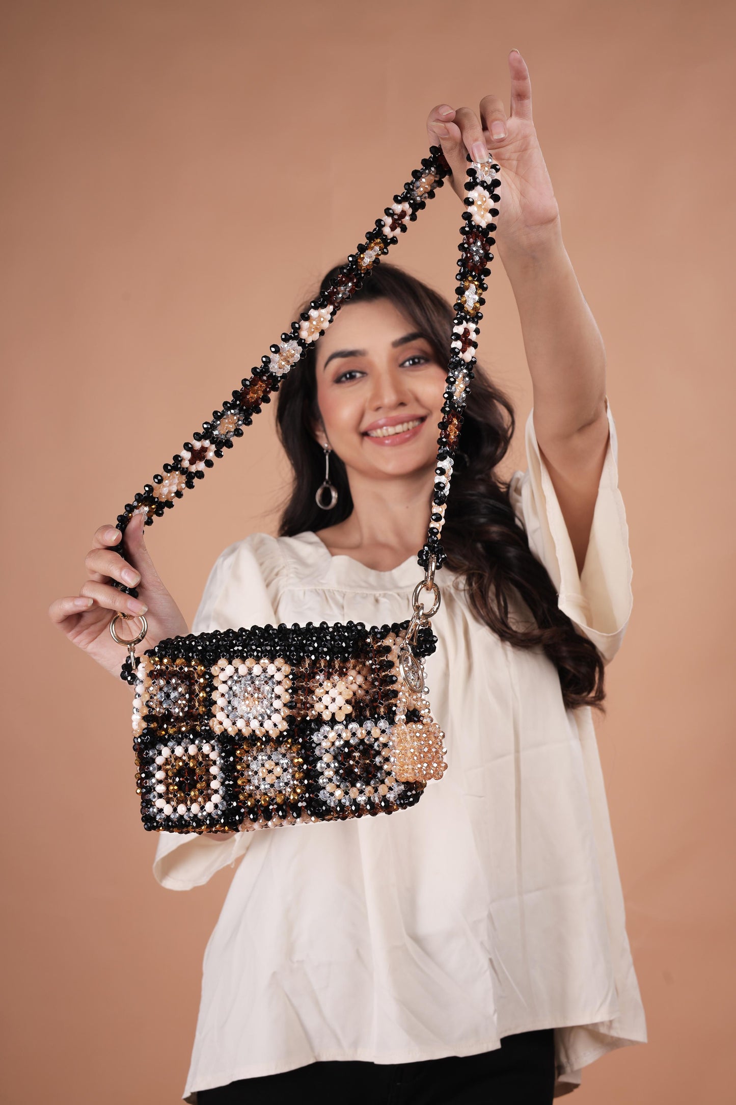 Handmade Crystal Beaded Crossbody Bag - Retro Granny Square Design - Neutral Black, Cream & Brown Woven Shoulder Purse with Matching Strap