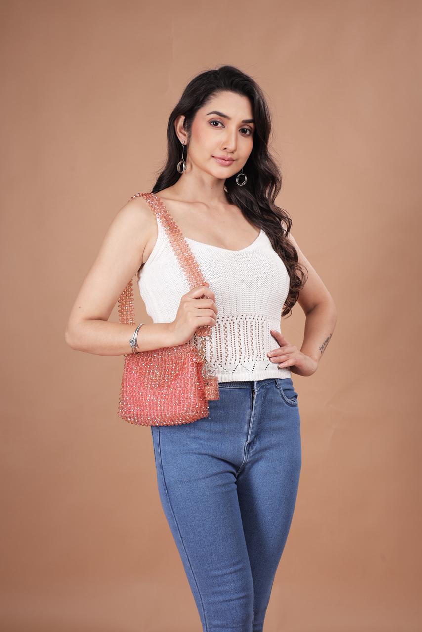 Unique Pink Acrylic Bead Shoulder Bag – Romantic Accessory for Weddings & Brunches