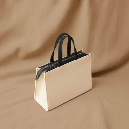 Beige handbag with black handles on a beige background