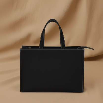 Black handbag on a beige background