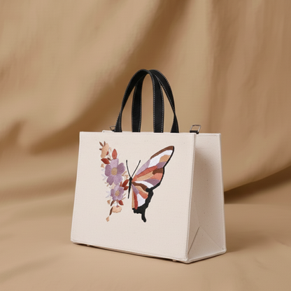 Beige tote bag with butterfly design on a beige background