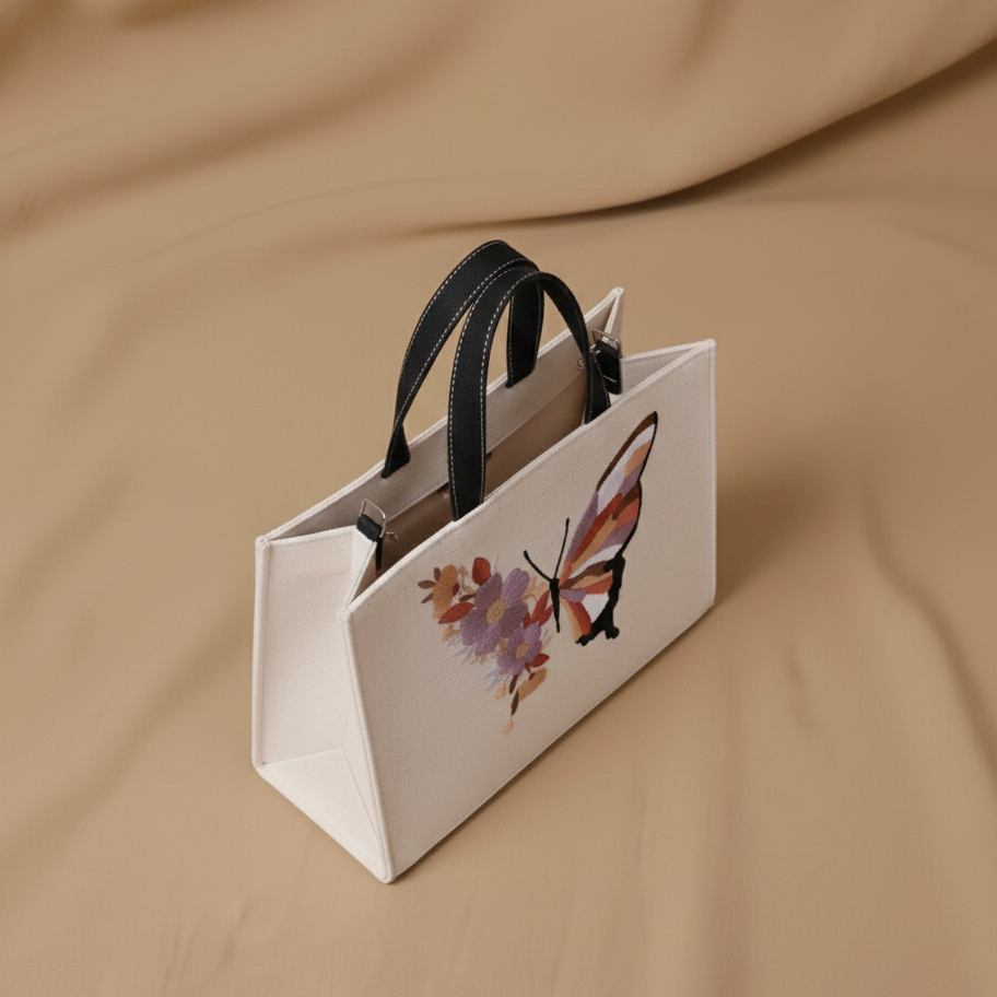 White tote bag with floral and butterfly design on a beige fabric background
