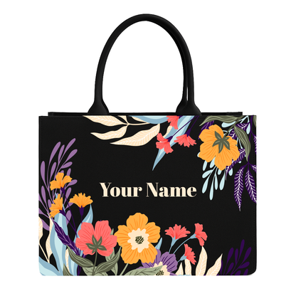 Floral tote bag with customizable name on a black background
