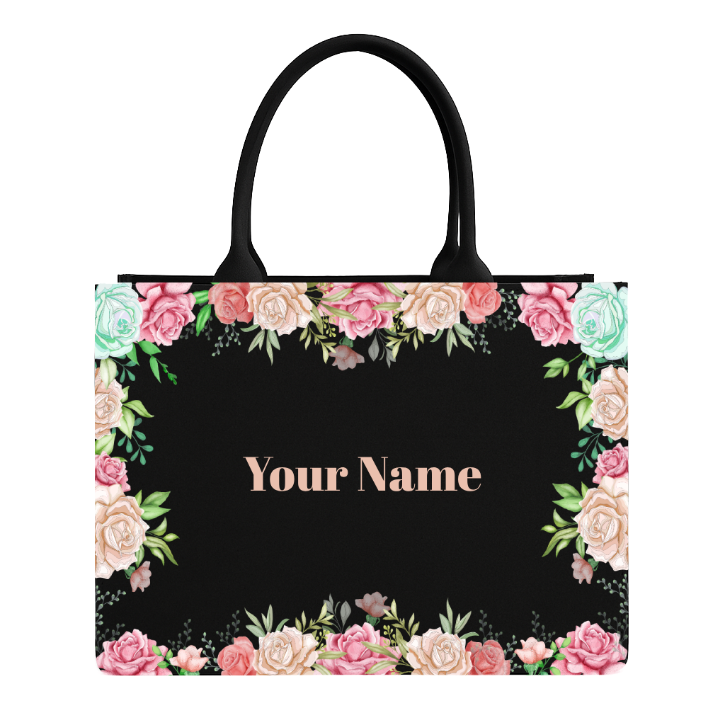 Floral tote bag with 'Your Name' text on a black background