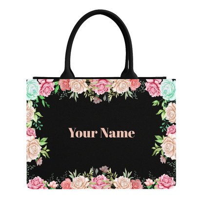 Floral tote bag with 'Your Name' text on a black background