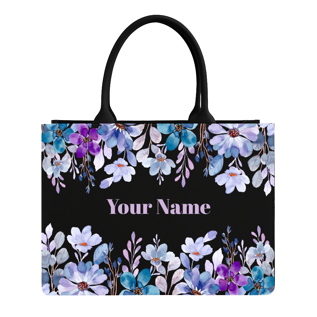 Floral tote bag with customizable name text on a white background