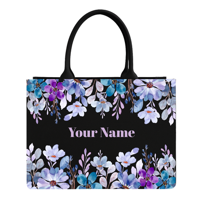 Floral tote bag with customizable name text on a white background
