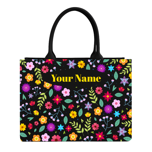 Tote bag with colorful floral pattern on a black background