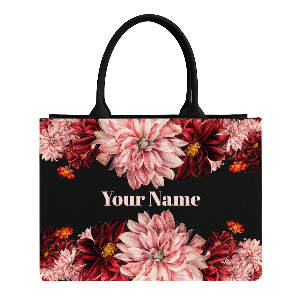 Tote bag with floral design and space for personalization on a black background