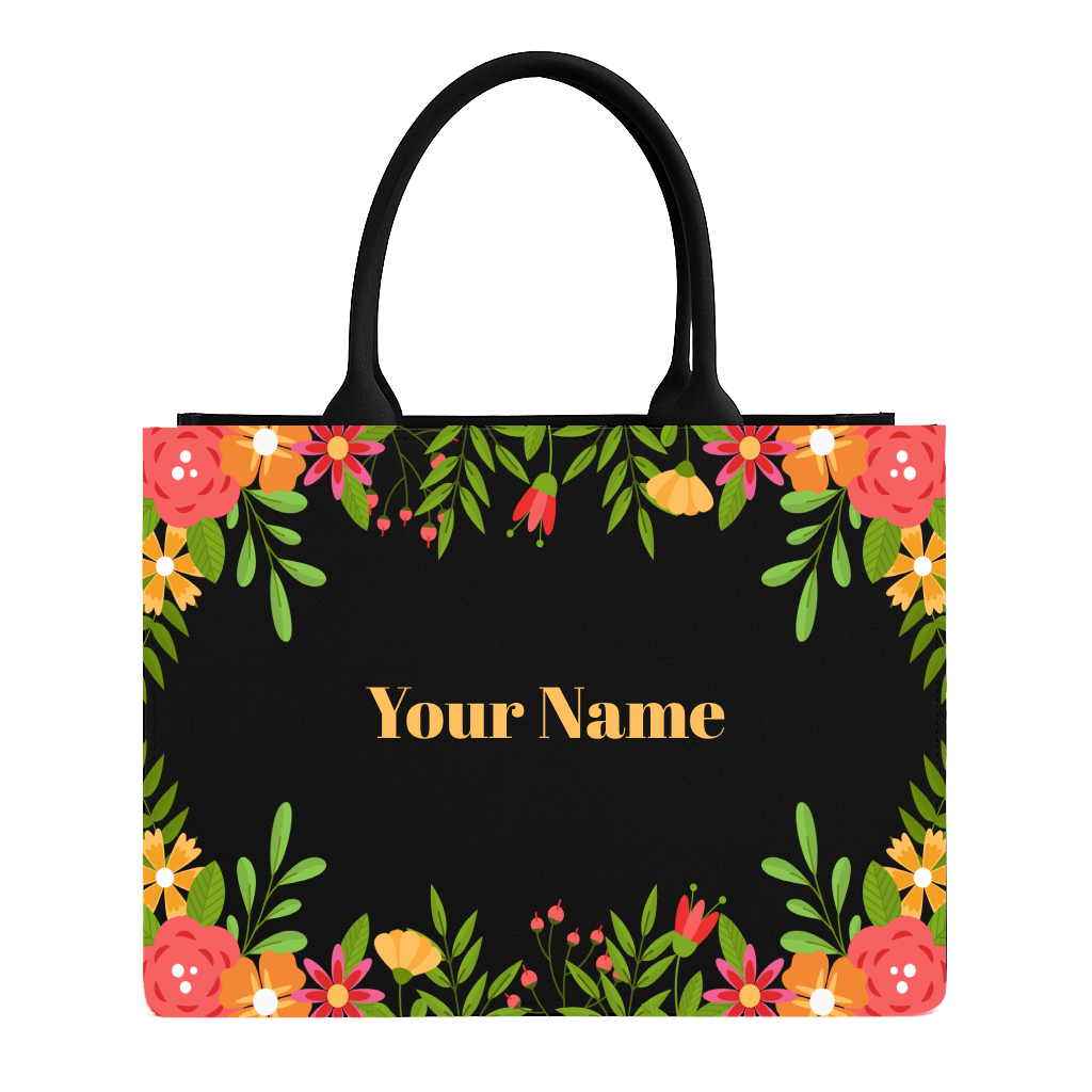 Floral-patterned tote bag with 'Your Name' text on a black background