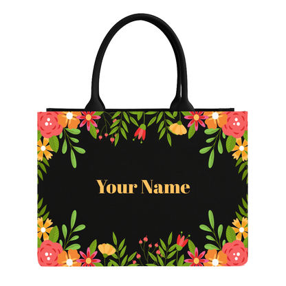 Floral-patterned tote bag with 'Your Name' text on a black background