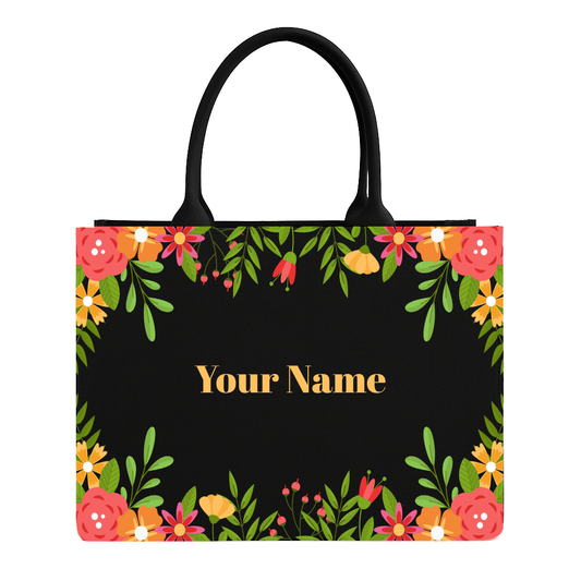 Floral-patterned tote bag with 'Your Name' text on a black background
