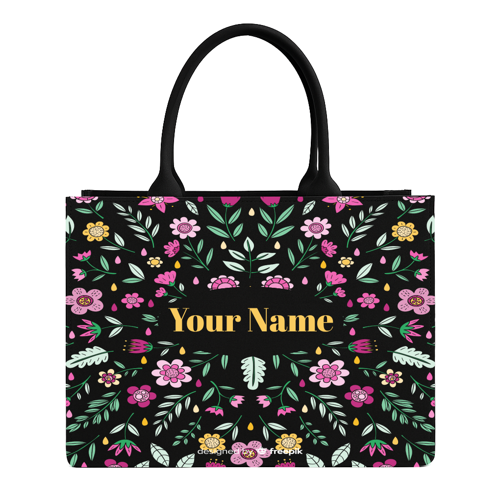 Floral-patterned tote bag with 'Your Name' text on a black background