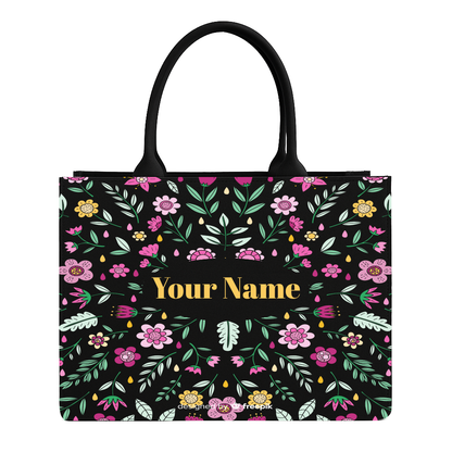 Floral-patterned tote bag with 'Your Name' text on a black background