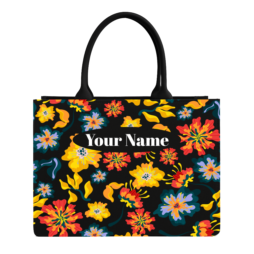Floral-patterned tote bag with 'Your Name' text on a black background
