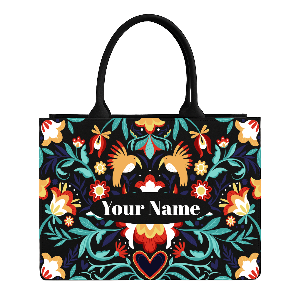 Colorful tote bag with floral and bird pattern on a white background