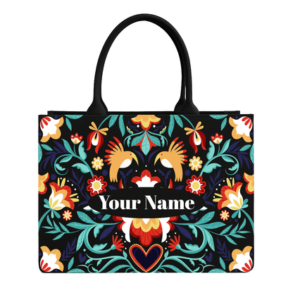 Colorful tote bag with floral and bird pattern on a white background
