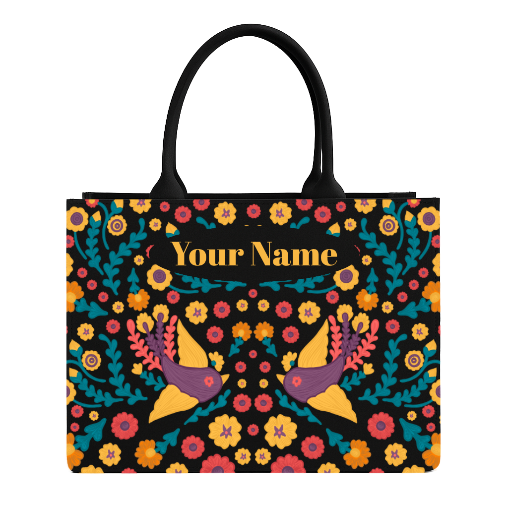 Colorful floral-patterned tote bag with 'Your Name' text on a white background