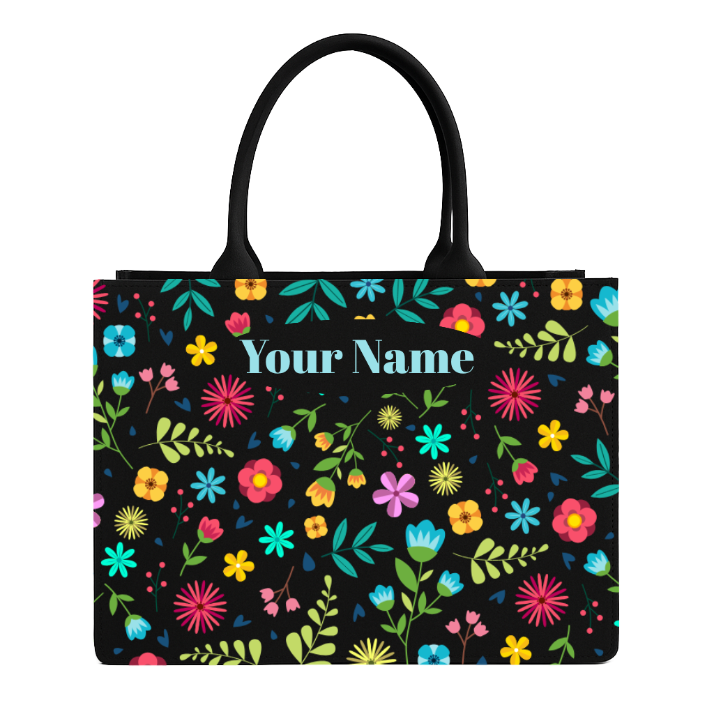Floral-patterned tote bag with customizable name on a black background