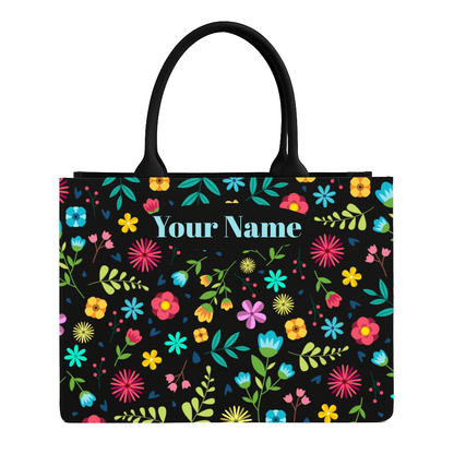 Floral-patterned tote bag with customizable name on a black background
