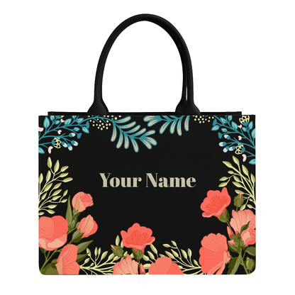 Floral tote bag with customizable name on a black background