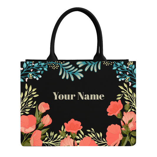 Floral tote bag with customizable name on a black background