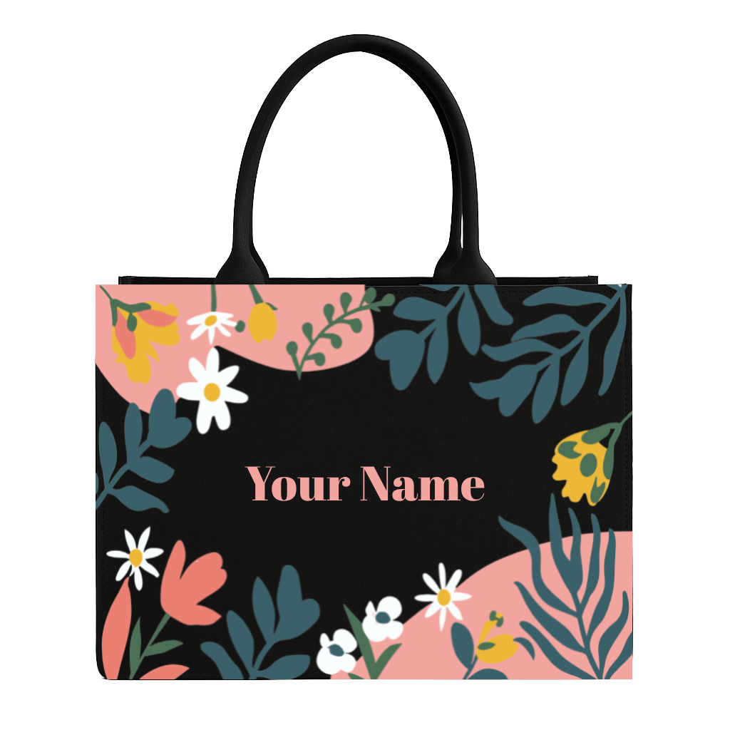 Floral-patterned tote bag with 'Your Name' text on a white background