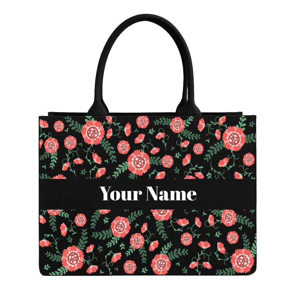 Floral tote bag with 'Your Name' text on a white background