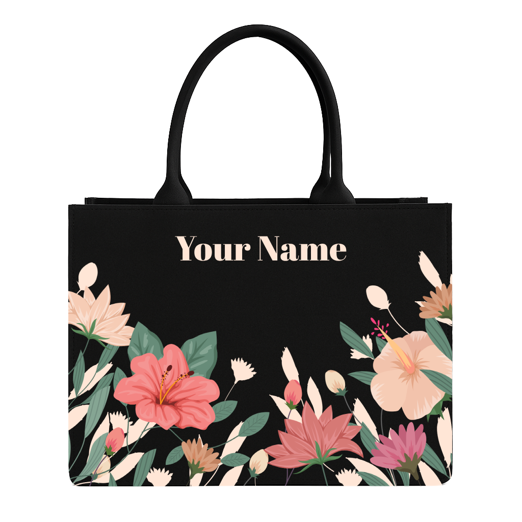 Custom Name Tote Bag - Personalized Floral Black Handbag with Wildflowers - Reusable Cotton Denim Grocery Bag - Unique Mother’s Day or Bridesmaid Gift