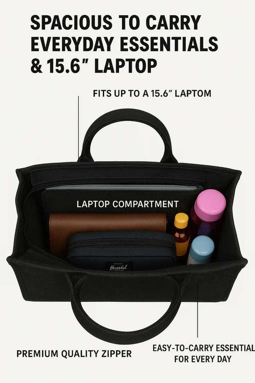 Black handbag with compartments labeled for everyday essentials and laptop, on a white background.