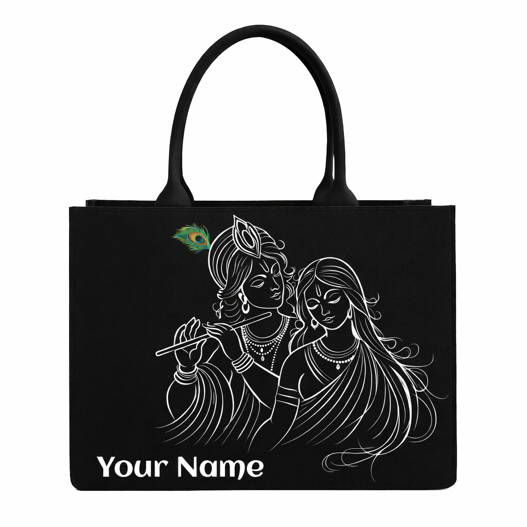Black tote bag with white illustration of two figures and 'Your Name' text on a white background